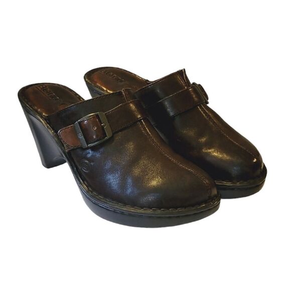 Born Handcrafted Brown Leather Wedge Heel Buckle Detail Slip-on Mule Shoe Size 8 - Picture 3 of 12
